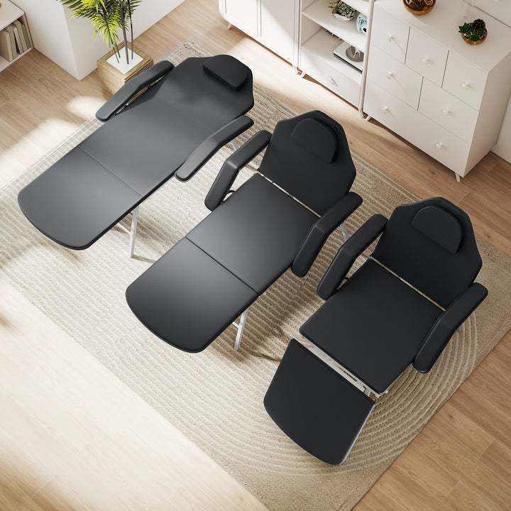 Portable Massage Table, 3 Section Adjustable Beauty Bed, Foldable Massage Bed with Face Hole, Recliner Chair with Removable Headrest and Armrests for Spa, Lash, Tattoo, Black