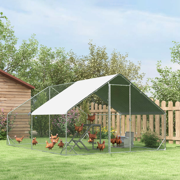 Chicken Run Galvanised Walk-in Chicken Coop Hen Poultry House Cage Rabbit Hutch Pet Playpen Garden w/ Water-Resist Cover, 3 x 4 x 2m