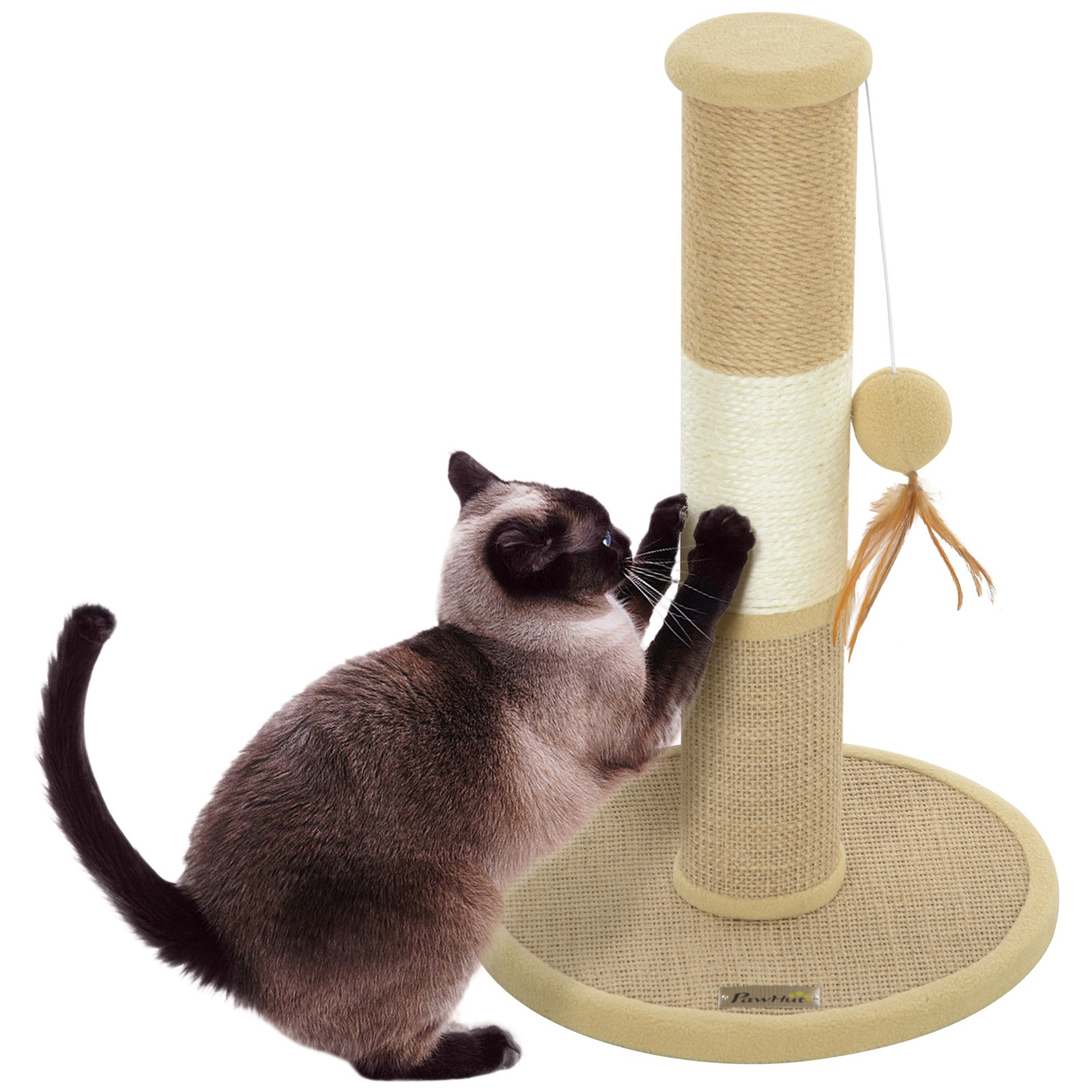 Cat Scratching Post for Indoor Cats, 47cm Tall Cat Scratcher with Jute Sisal Rope, Hanging Toy Ball, Feather, Brown