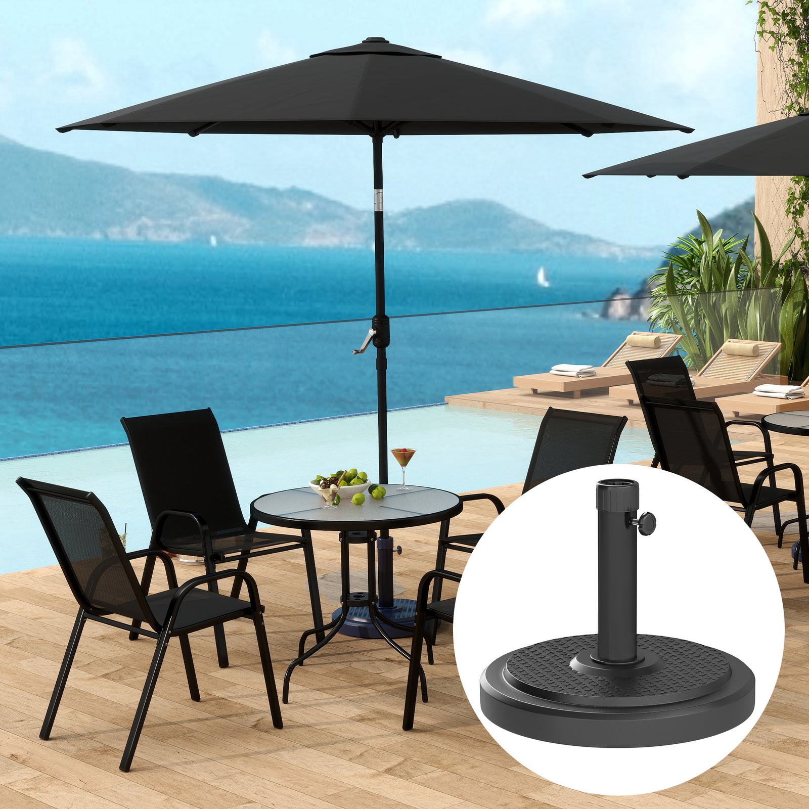 22kg Garden Parasol Base, Round HDPE Sun Umbrella Base, Heavy Duty Outdoor Umbrella Stand for 38mm or 48mm Outdoor Umbrella Poles, Black