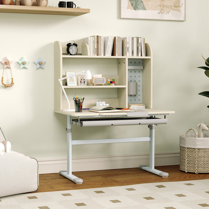 Kids Desk Height Adjustable with Tilt-Desktop, Hutch, Drawer, Storage Shelf, Pegboard, for 3-12 Years Old