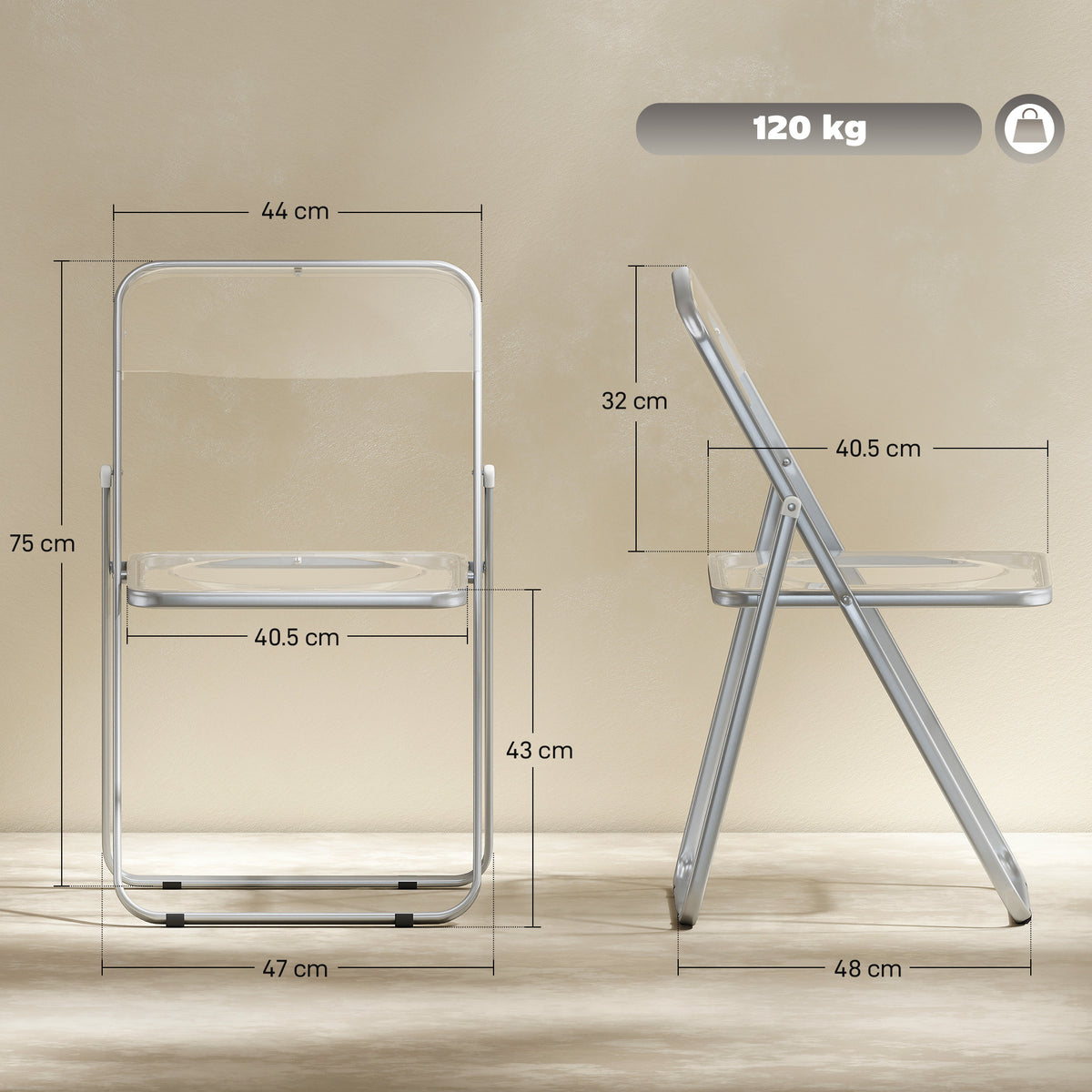 Foldable Chairs, Folding Chairs with Transparent Seat and Backrest, He