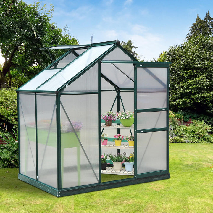 MCL 6 x 4ft Polycarbonate Greenhouse, Large Walk-In Green House with Slide Door and Window, Garden Plants Grow House with Aluminium Frame and Foundation, Dark Green