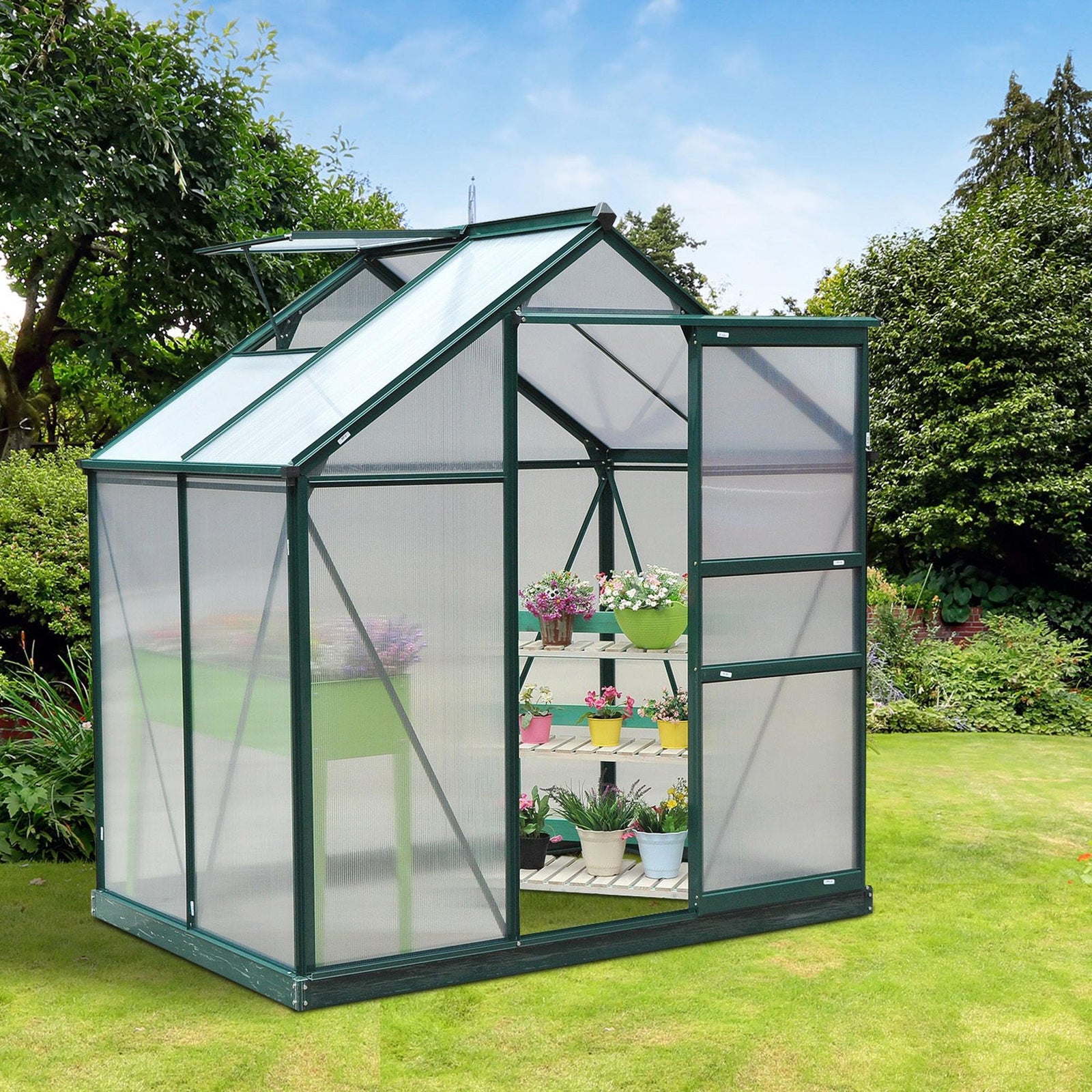 6 x 4ft Polycarbonate Greenhouse, Large Walk-In Green House with Slide Door and Window, Garden Plants Grow House with Aluminium Frame and Foundation, Dark Green