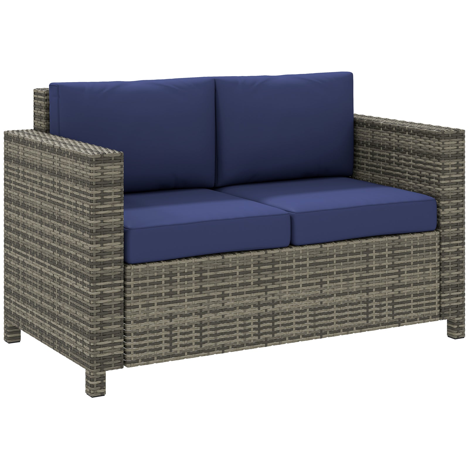 Rattan Sofa, 2 Seater Garden Furniture with Soft Padded Cushion and Armrests, Wicker Garden Loveseat for Patio, Navy Blue