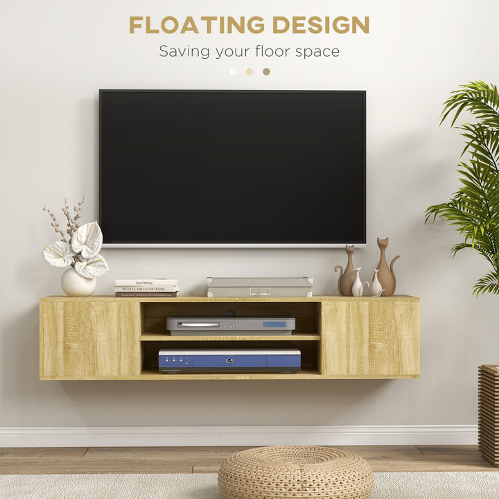 HOMCOM Floating TV Stand Cabinet for TVs up to 60 Inch, Media Entertainment Center with Open Shelf, Storage Cupboard, Natural Wood Effect | Aosom UK