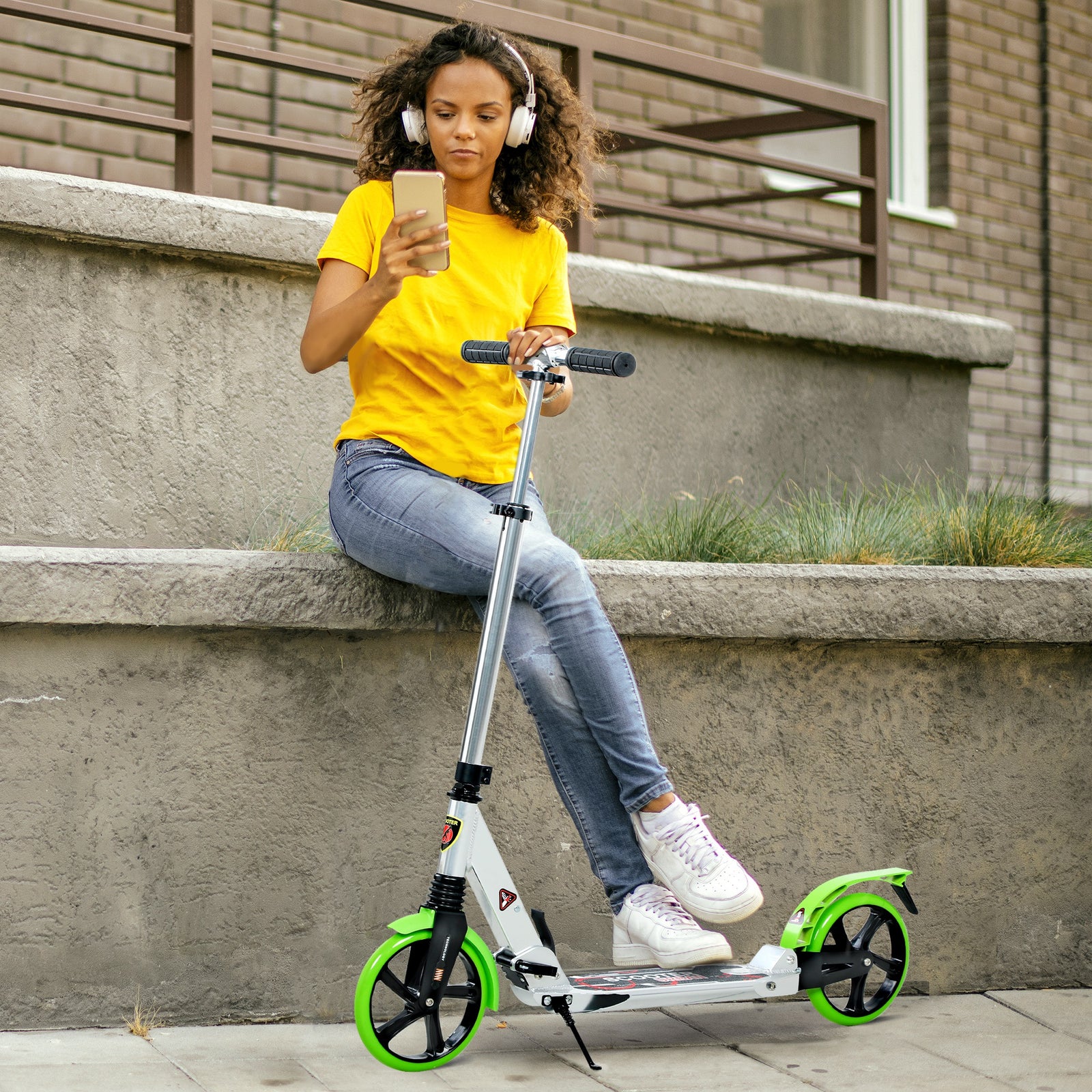 Folding Kick Scooter, Adjustable Ride On Scooter with 200mm Big Wheels and Double Shock Absorption, Urban Scooter for 14+ Teens Adult, Green