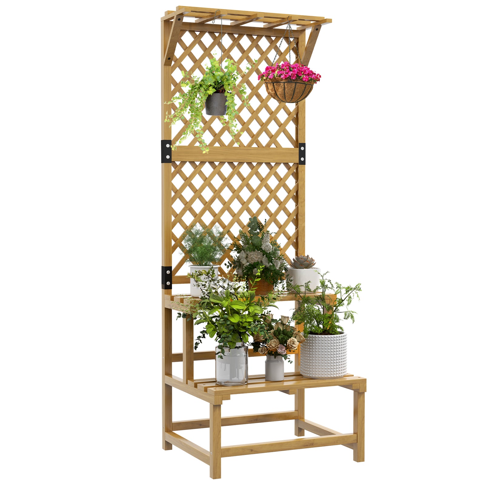 Wooden Plant Stand, with Trellis - Natural Finish