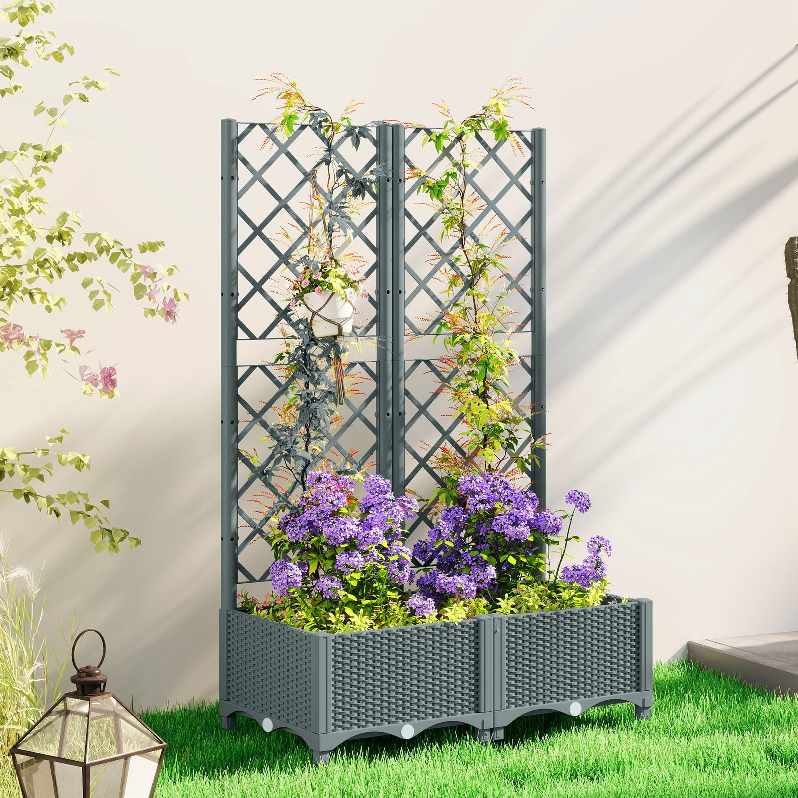 Raised Garden Bed with Trellis, Plastic Planter Box with Drainage Hole