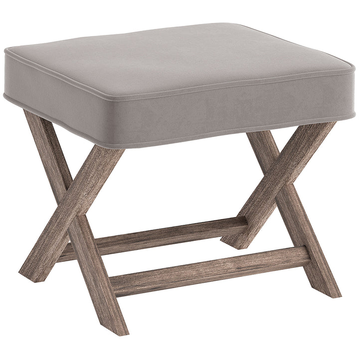 Vintage Footstool Padded Seat X Leg Chair Velvet Cover Shabby Chic Footrest Solid Rubber Wood Frame 49.5 x 45 x 41 cm Grey