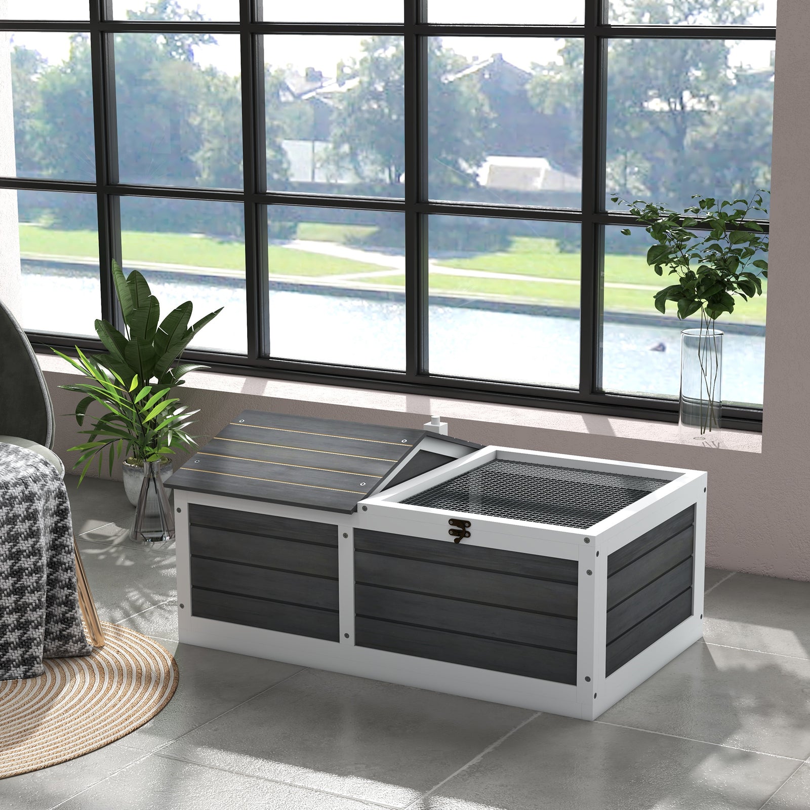 Wooden Tortoise House, Small Pet Reptile Shelter, with Hide Den and Run - Grey