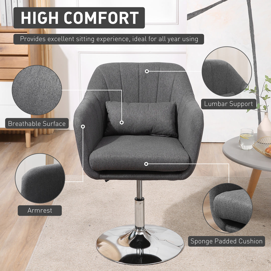 Swivel Linen Fabric Accent Chair for Living Room Contemporary Vanity Armchair with Adjustable Height Thick Cushion Lumbar Support Armrest for Bedroom Office Dark Grey