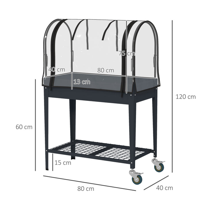 Outsunny Raised Planter with Greenhouse Cover, Mobile Elevated Garden Bed with Wheels and Bottom Shelf for Vegetables, Dark Grey