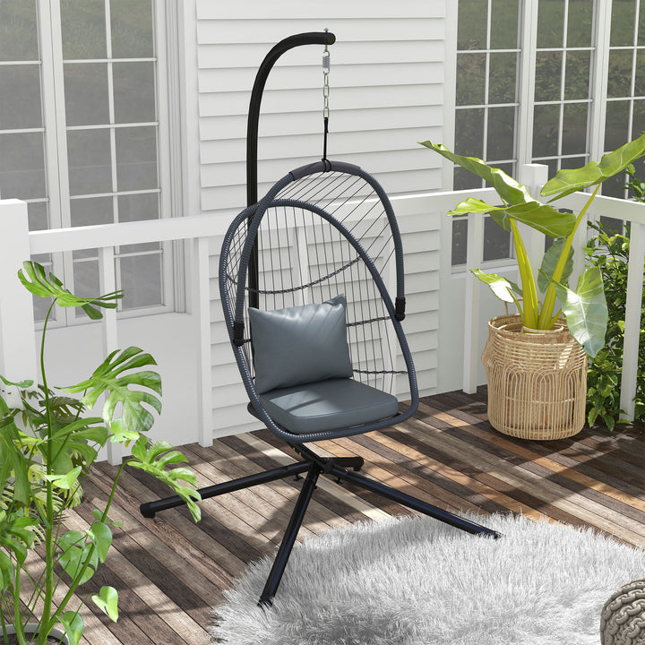 Outsunny Outdoor PE Rattan Swing Chair with Cushion, Foldable Basket Patio Hanging Chair w/ Metal Stand, Rotation Spring Hook, Basket Height