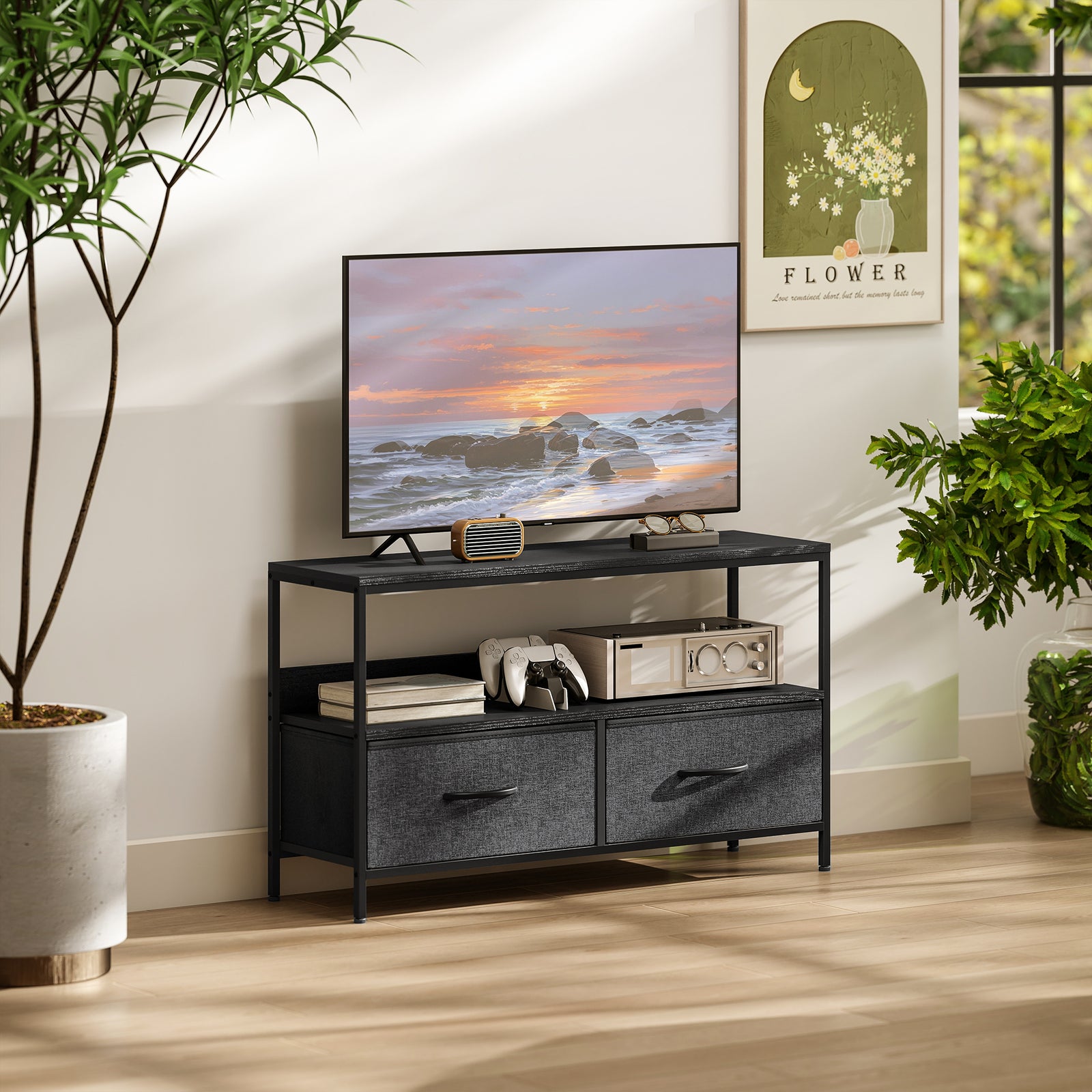TV Stand Cabinet with 2 Foldable Drawers - Black
