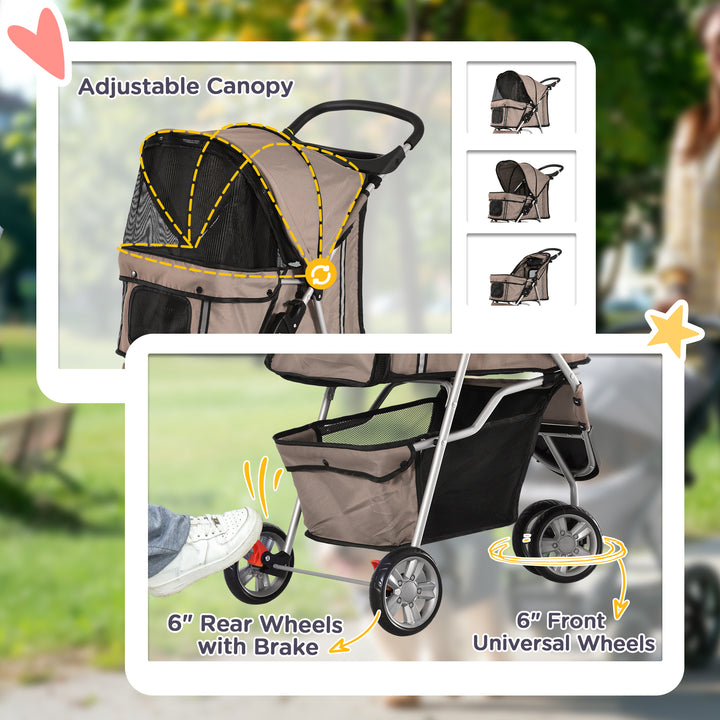 Dog Stroller, 3 Wheels Foldable Cat Dog Pram with Cup Holder, Storage Basket, Pet Stroller for Small Miniature Dogs, Brown