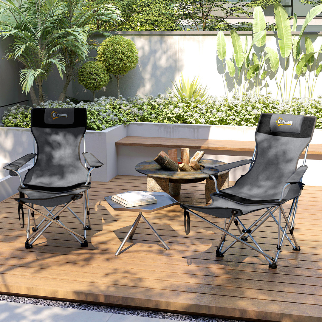 Set of 2 Reclining Folding Camping Chair w/ Detachable Footrest, Storage Bag, Cup Holder & Headrest, Lightweight Portable Camp Chair for Beach, Picnic, Grey and Black