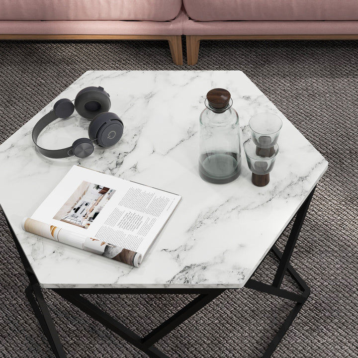 Hexagonal Coffee Table with High Gloss Marble Effect Table Top, Modern Cocktail Table with Steel Frame for Living Room, White