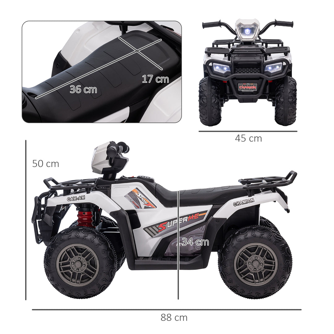 12V Kids Quad Bike with Forward, Reverse Functions, Ride-On ATV w/ Music, LED, Headlights, for Ages 3-5 Years - White
