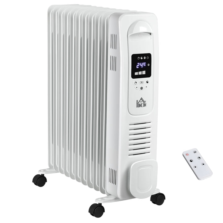 MCL 2500W Digital Display Oil Filled Radiator, 11 Fin Portable Electric Heater with Timer, Adjustable Thermostat, Three Heat Settings, Safety Cut Off, Remote, White
