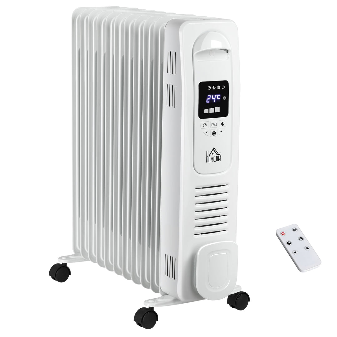 2500W Digital Display Oil Filled Radiator, 11 Fin Portable Electric Heater with Timer, Adjustable Thermostat, Three Heat Settings, Safety Cut Off, Remote, White