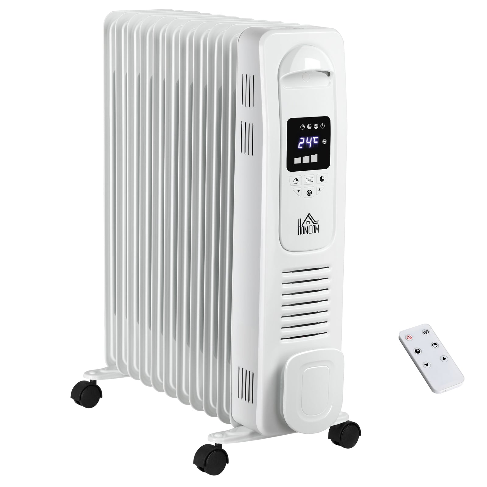 2500W Digital Display Oil Filled Radiator, 11 Fin Portable Electric Heater with Timer, Adjustable Thermostat, Three Heat Settings, Safety Cut Off, Remote, White