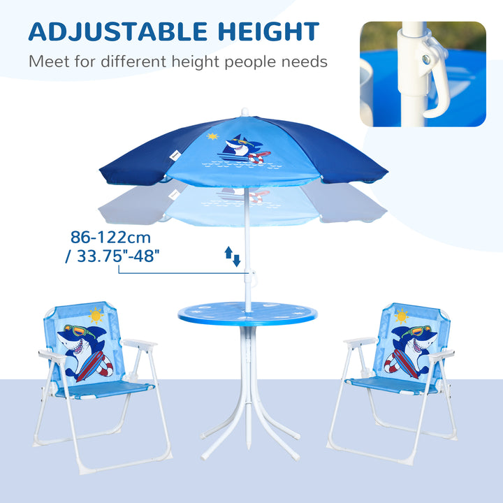 Kids Outdoor Bistro Table and Chair Set, Folding Garden Furniture w/ Shark Design, Removable, Adjustable Sun Umbrella, Ages 3-6 Years - Blue