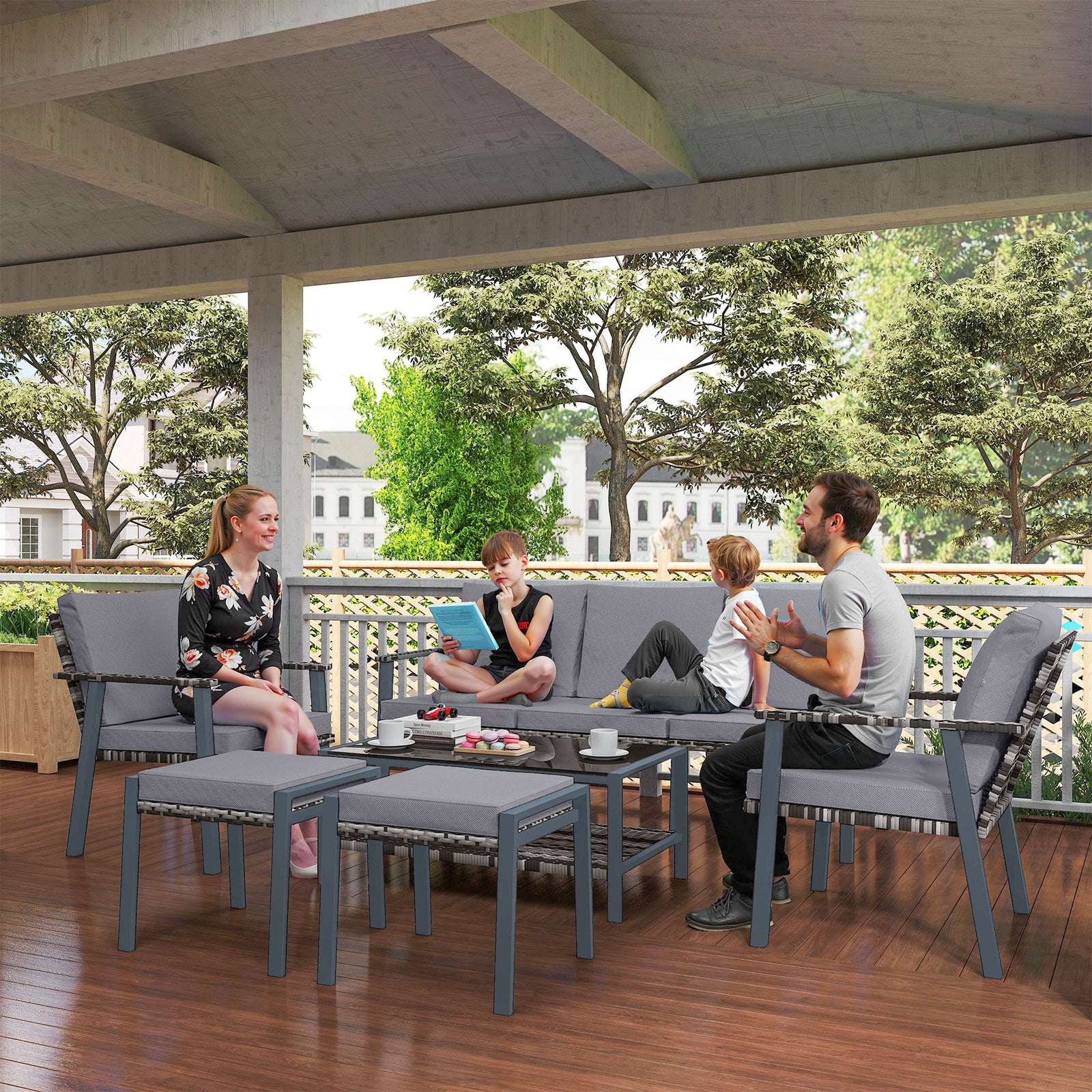 Six-Piece Rattan Garden Sofa Set - Grey