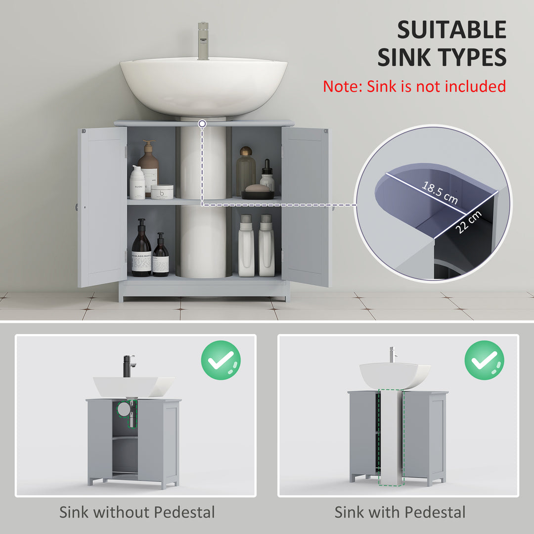 60x60cm Under-Sink Storage Cabinet w/ Adjustable Shelf Handles Drain Hole Bathroom Cabinet Space Saver Organizer Grey