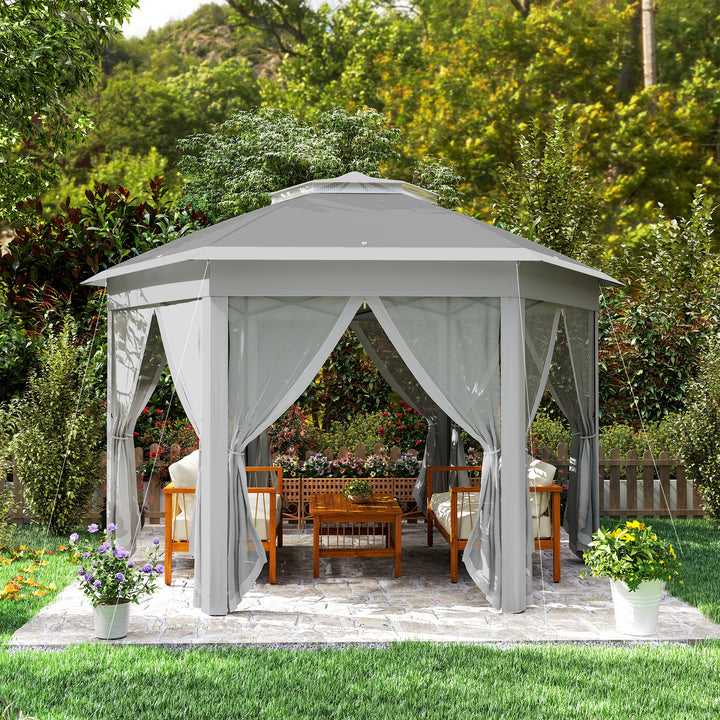3 x 4m Garden Gazebo Hexagon Pop Up Gazebo Party Tent Canopy Double Roof Instant Shelter with Netting and Carry Bag for Outdoor Patio, Dark Grey