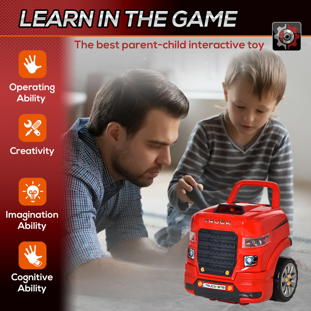 Kids Truck Engine Toy Set, Toddler Educational Car Service Station Playset, Take Apart Workshop, w/ RC Car Key, Steering wheel, Horn, Light, for 3-5 Years Old Red
