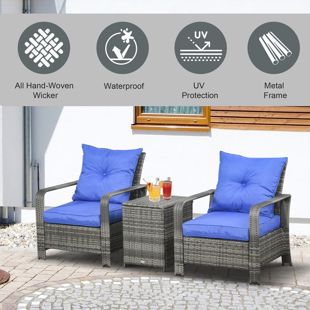 Outsunny 3 pcs PE Rattan Wicker Garden Furniture Patio Bistro Set Weave Conservatory Sofa Storage Table and Chairs Set Blue Cushion Grey Wicker