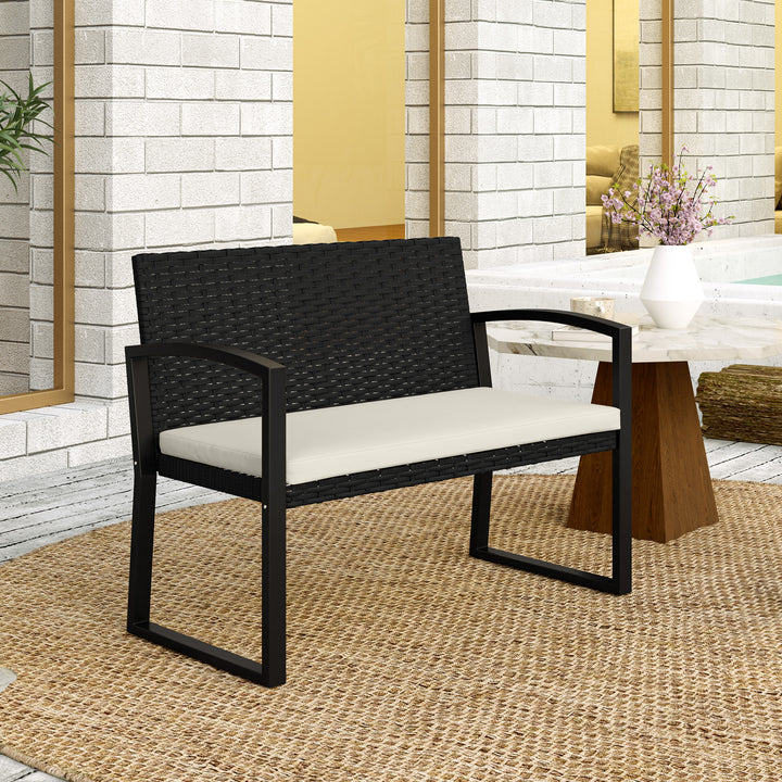 Two-Seater Rattan Garden Bench - Beige/Black