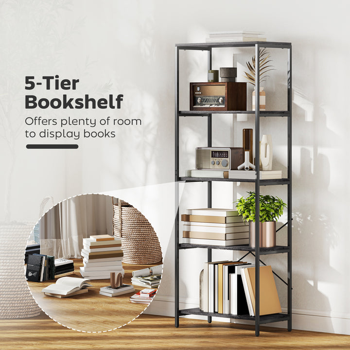 5-Tier Bookshelf, Industrial Bookcase with Metal Frame - Dark Grey and