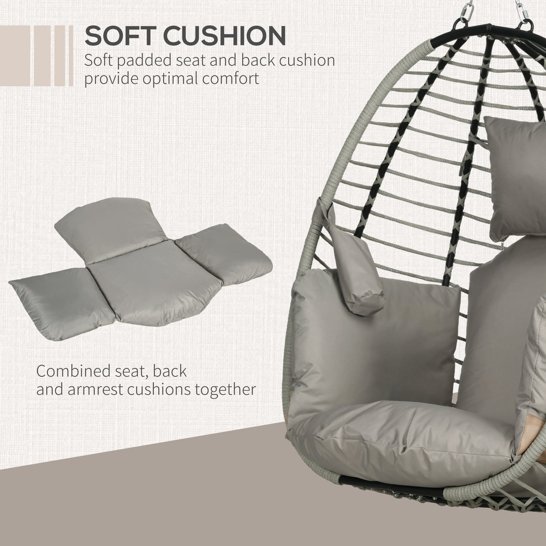 Single Rattan Hanging Egg Chair, with Seat Cushion - Grey