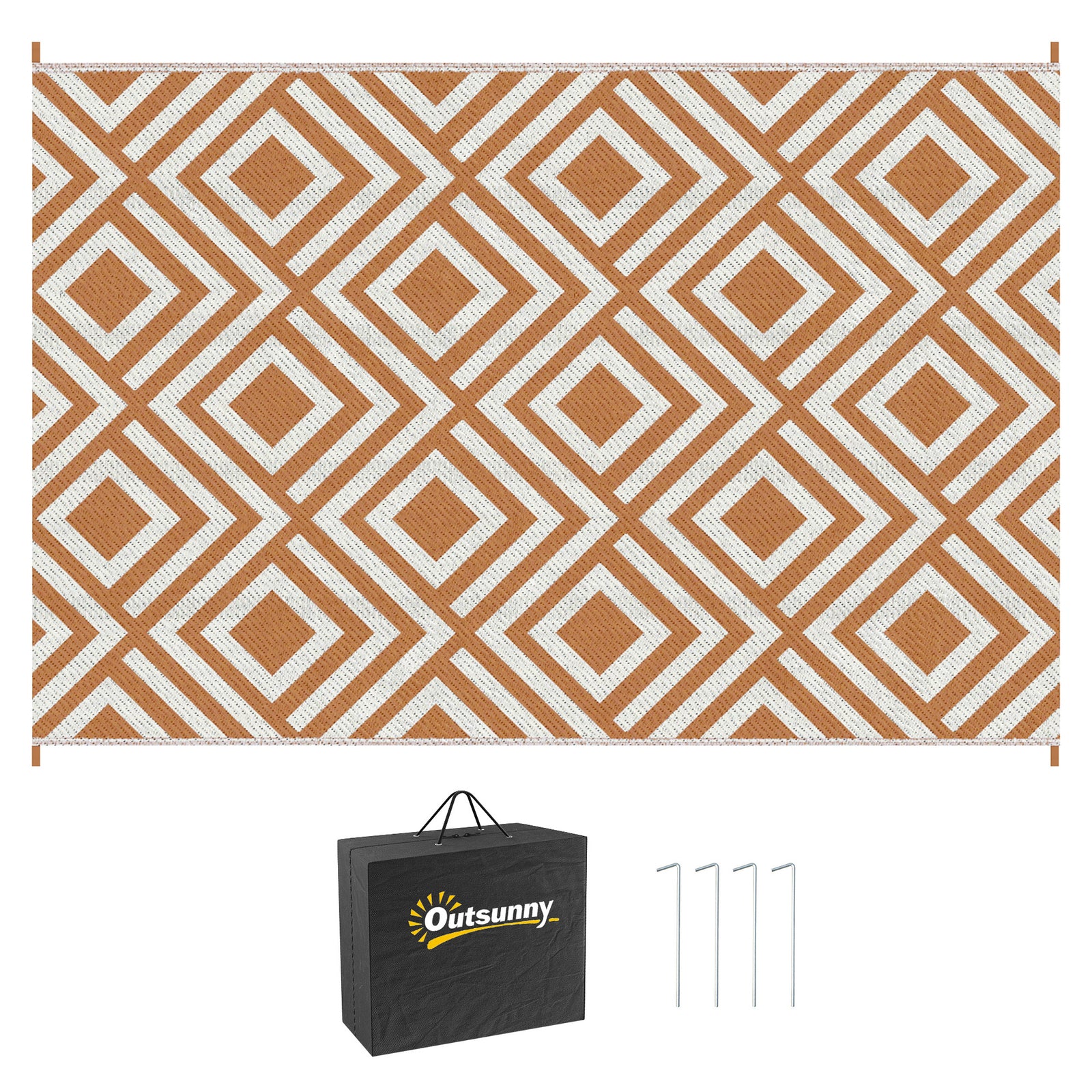 Reversible Outdoor Rug, Plastic Straw Mat w/ Carry Bag Ground Stakes for Garden RV Picnic Beach Camping 182x274cm Brown