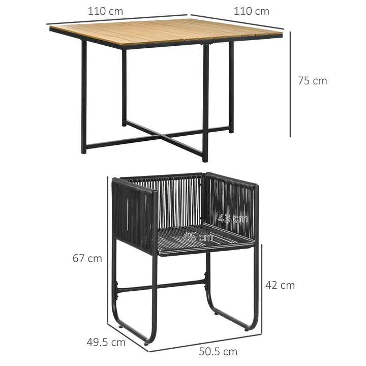 4 Seater Rattan Cube Garden Furniture Set, Rattan Dining Set with Cushions, Outdoor Dining Table and Chairs with Rectangular Wood Grain Plastic Top Table for Patio, Balcony, Black