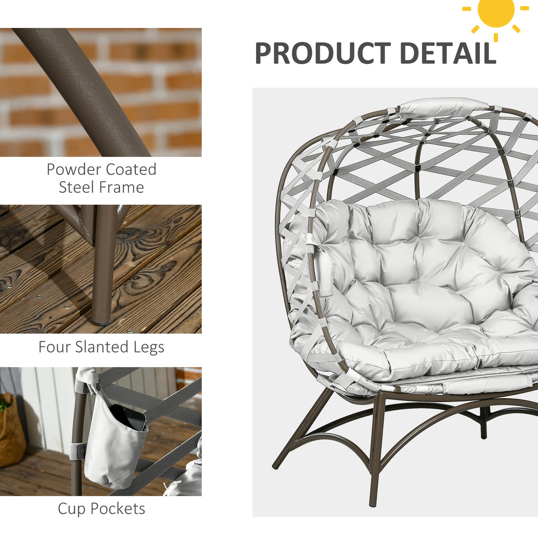 2 Seater Egg Chair Outdoor, Folding Weave Garden Furniture Chair with Cushion, Cup Pockets - Light Grey