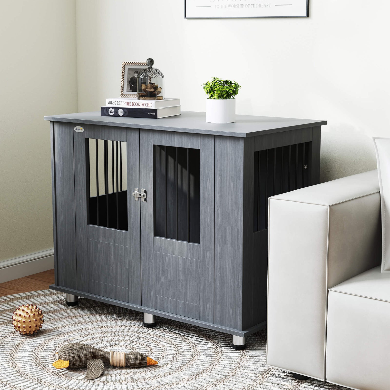 Dog Crate Table for Medium and Large Dogs with Magnetic Door for Indoor Use, 95 x 55 x 75 cm, Grey