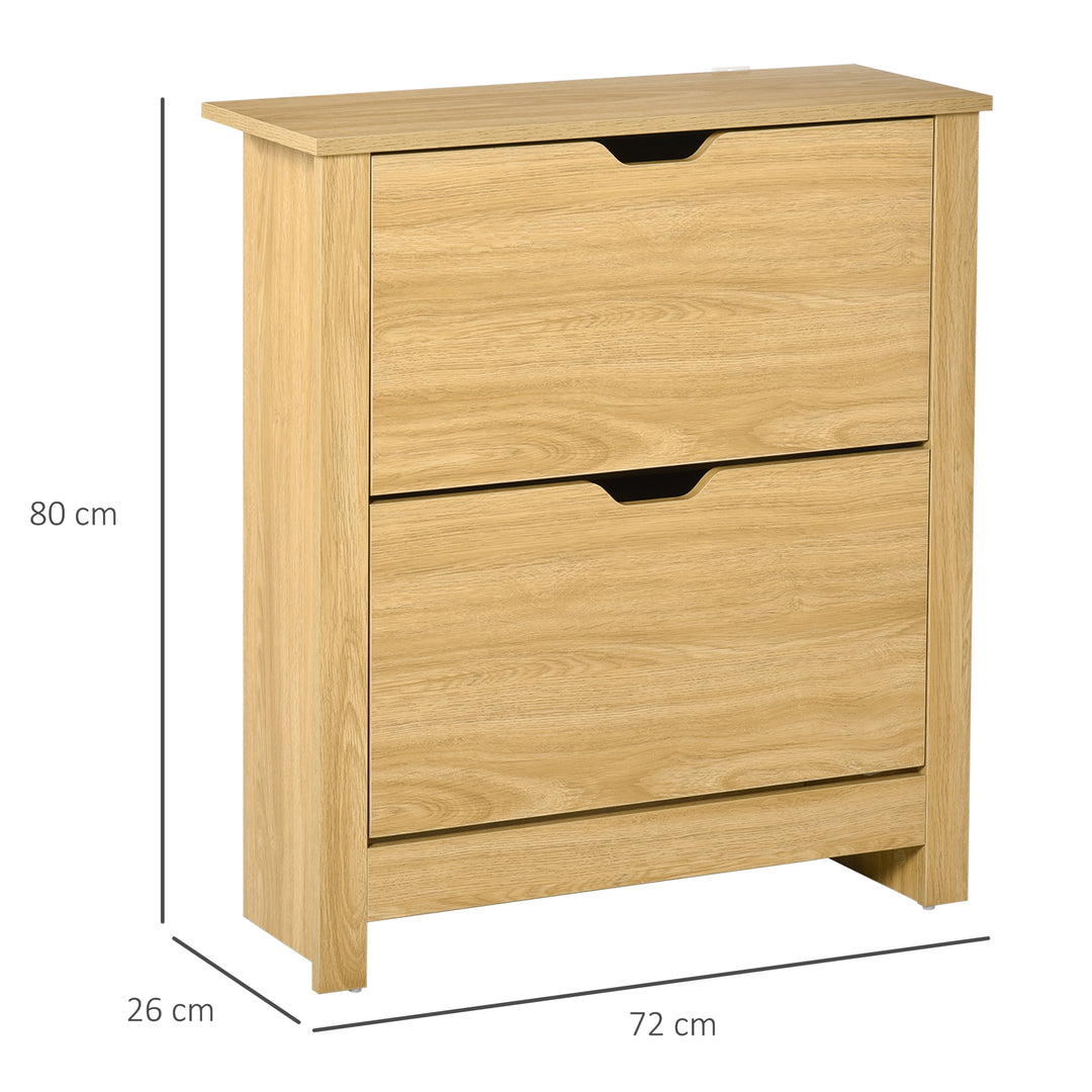 Narrow Shoe Cabinet, Space Saving Shoe Storage Cabinet with 2 Flip Drawers and Adjustable Shelves for 6-12 Pairs of Shoes for Hallways and Living Room, Natural Wood Finish
