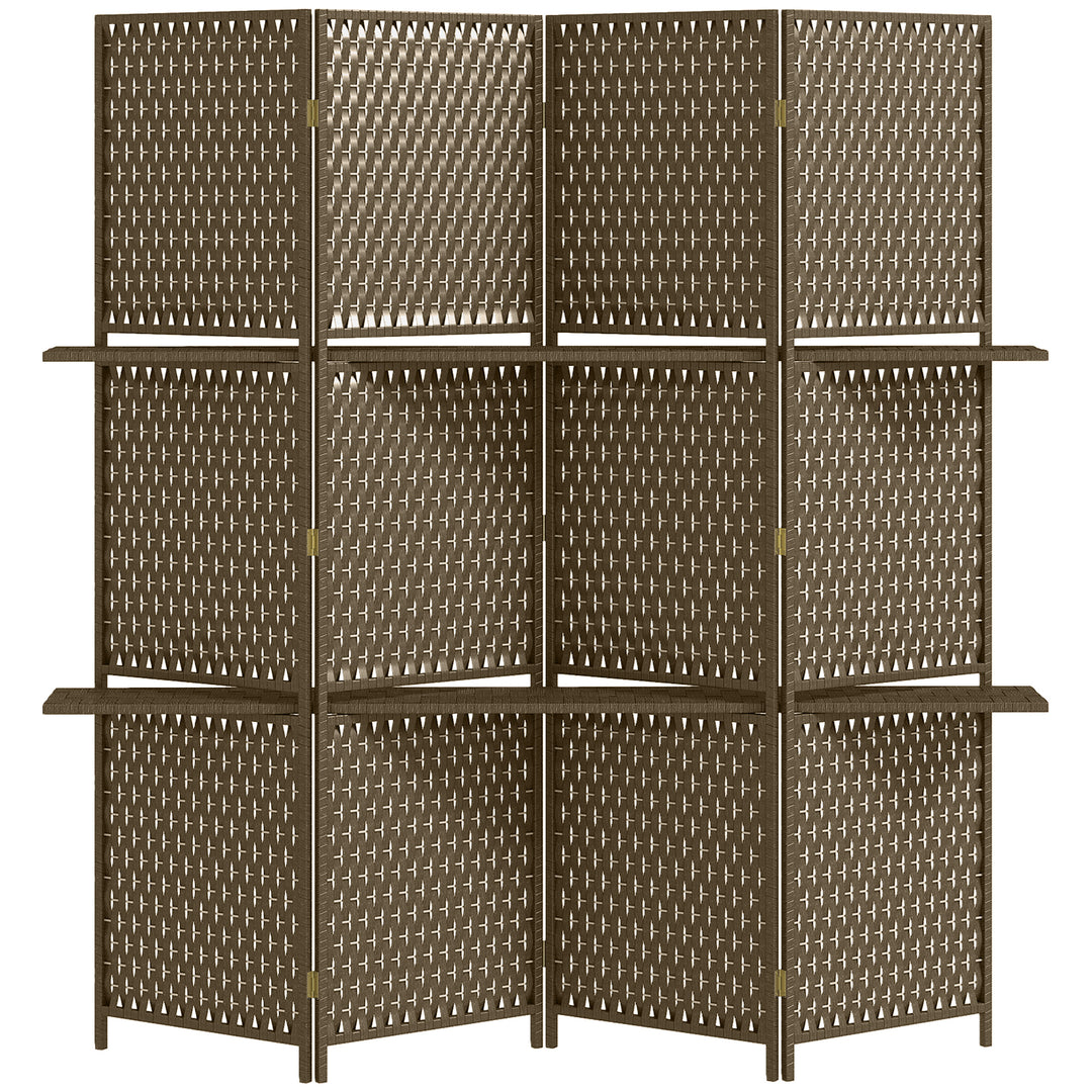 4-Panel Room Dividers with Shelves, Wave Fibre Freestanding Folding Privacy Screen Panels, Partition Wall Divider for Indoor Bedroom Office, 180 cm, Brown