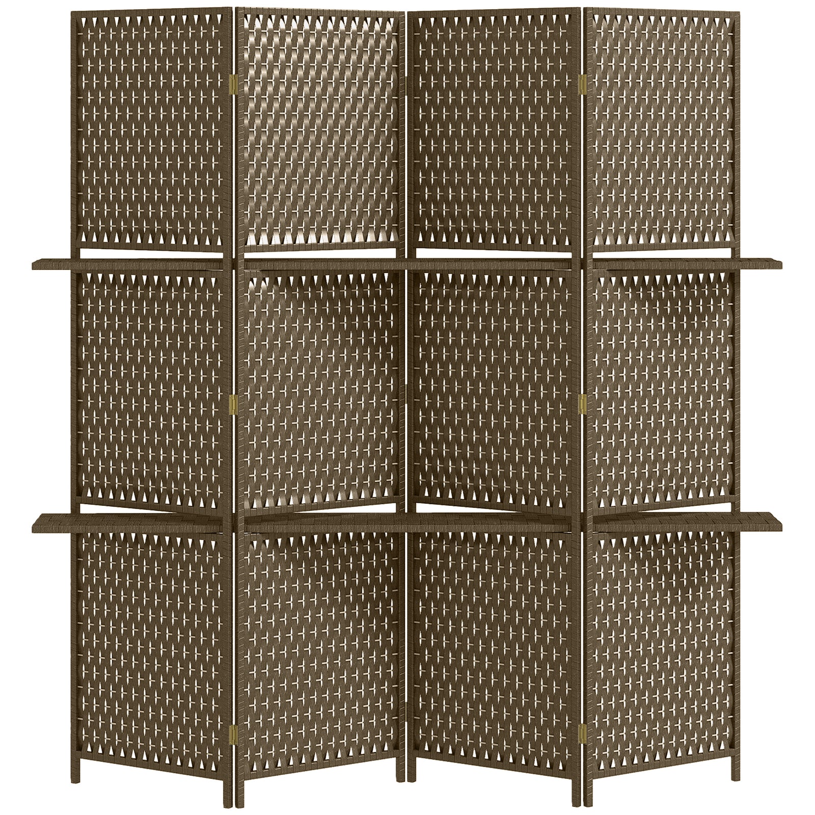 4-Panel Room Dividers with Shelves, Wave Fibre Freestanding Folding Privacy Screen Panels, Partition Wall Divider for Indoor Bedroom Office, 180 cm, Brown
