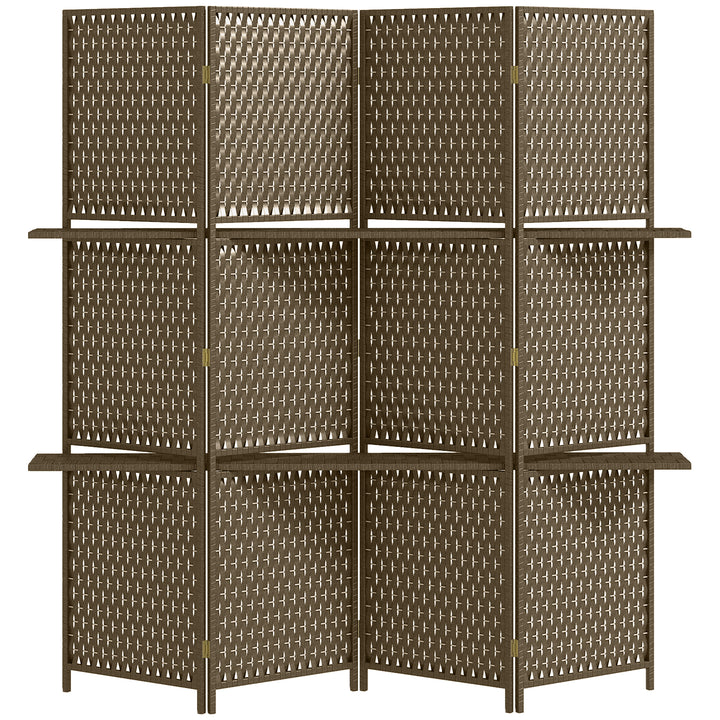 4-Panel Room Dividers with Shelves, Wave Fibre Freestanding Folding Privacy Screen Panels, Partition Wall Divider for Indoor Bedroom Office, 180 cm, Brown