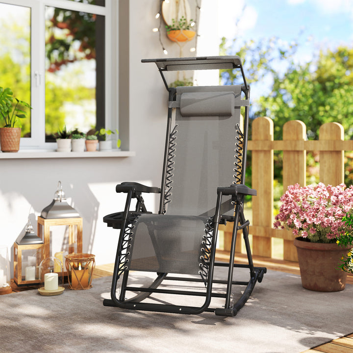 Garden Rocking Chair Folding Recliner Outdoor Adjustable Sun Lounger Rocker Zero-Gravity Seat with Headrest Side Holder Patio Deck - Grey