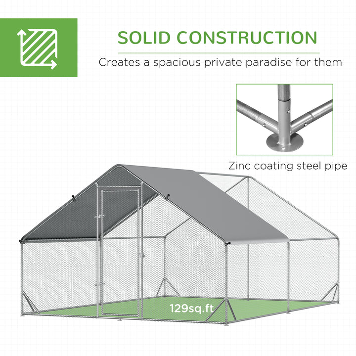 Chicken Run Galvanised Walk-in Chicken Coop Hen Poultry House Cage Rabbit Hutch Pet Playpen Garden w/ Water-Resist Cover, 3 x 4 x 2m