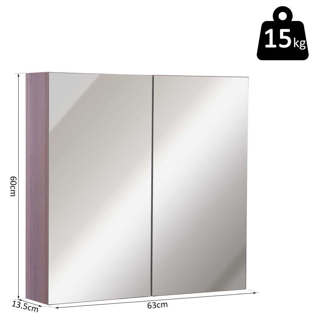 kleankin Wall Mounted Glass Bathroom Mirror Cabinet Storage Shelf, 63Wx60Hx13.5T cm-Light Walnut | Aosom UK