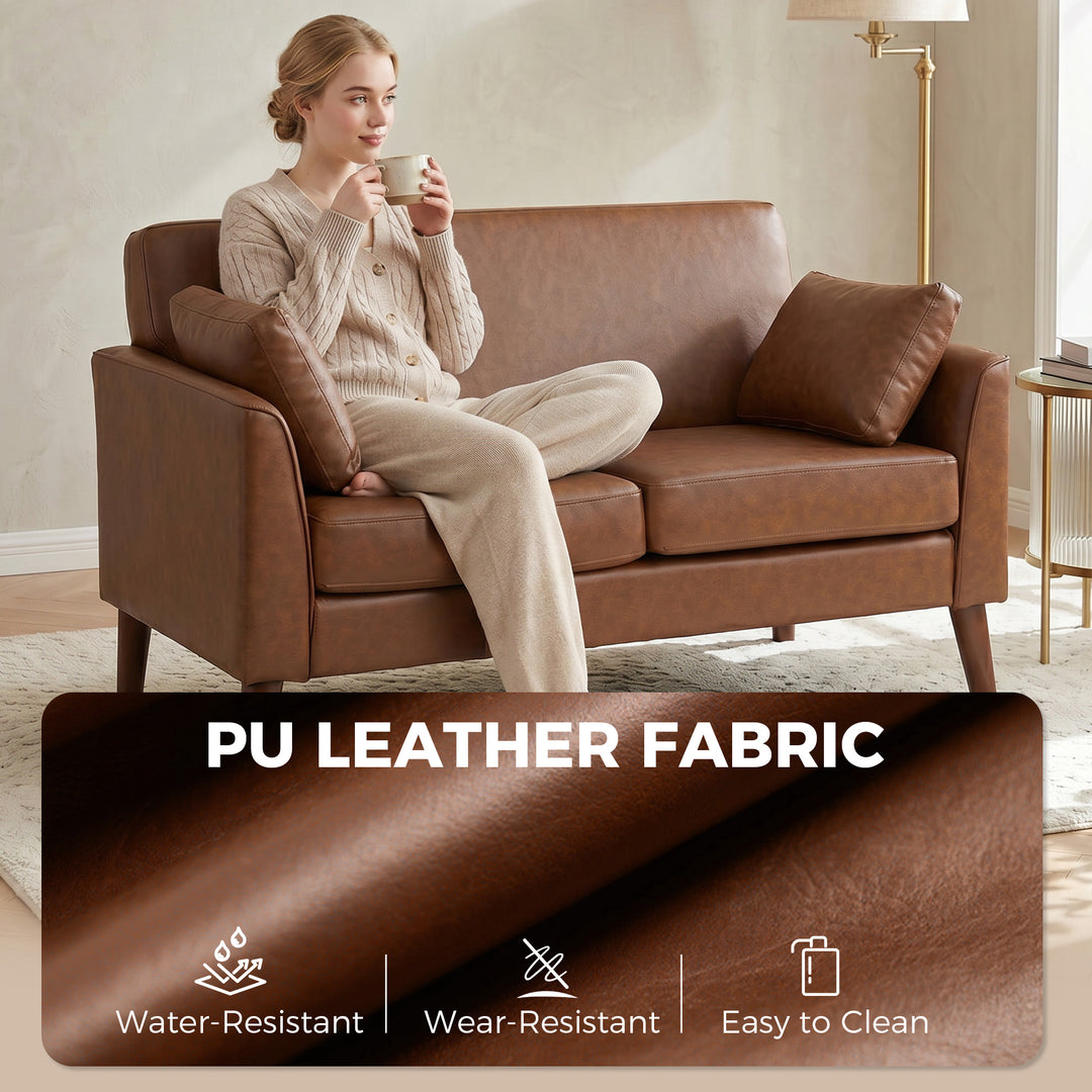 2 Seater Sofa, 132 cm Modern Small Sofa with Solid Wood Legs and 2 Pil