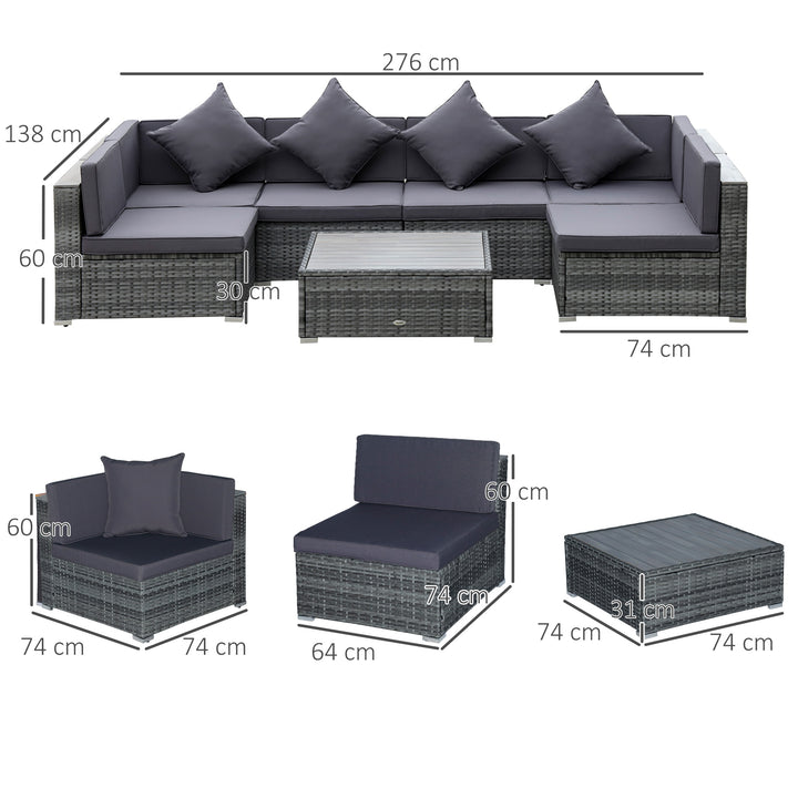 Outsunny 7 Pieces Patio Wicker Sofa Set, Outdoor PE Rattan Sectional Furniture Set w/ Acacia Table Top & Cushion for Garden, Backyard, Grey