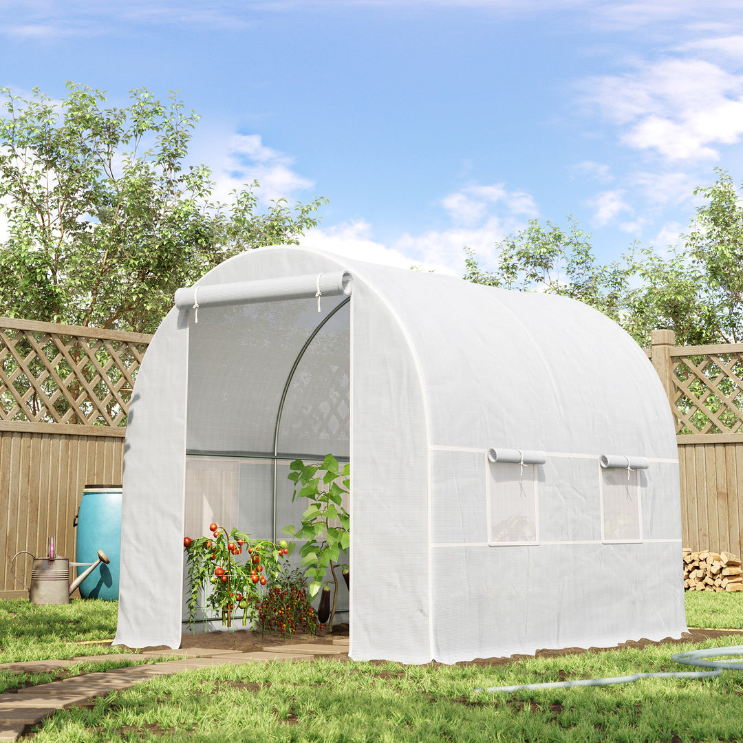 MCL 2.5 x 2 x 2 m Polytunnel Greenhouse, Walk-in Green House for Garden with Mesh Windows, Galvanised Steel Frame, White