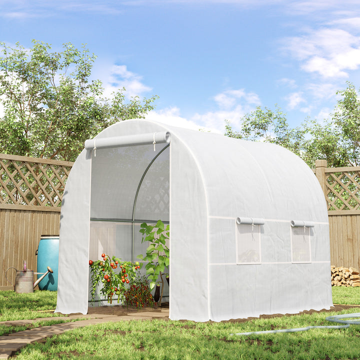 MCL 2.5 x 2 x 2 m Polytunnel Greenhouse, Walk-in Green House for Garden with Mesh Windows, Galvanised Steel Frame, White